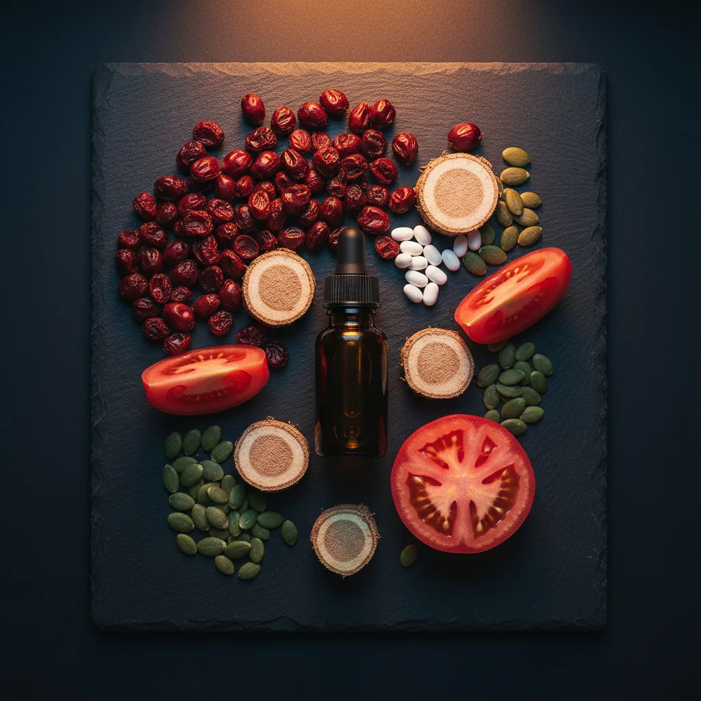 Natural supplement ingredients: saw palmetto berries, nettle root, tomatoes, pumpkin seeds and zinc pellets on a dark surface