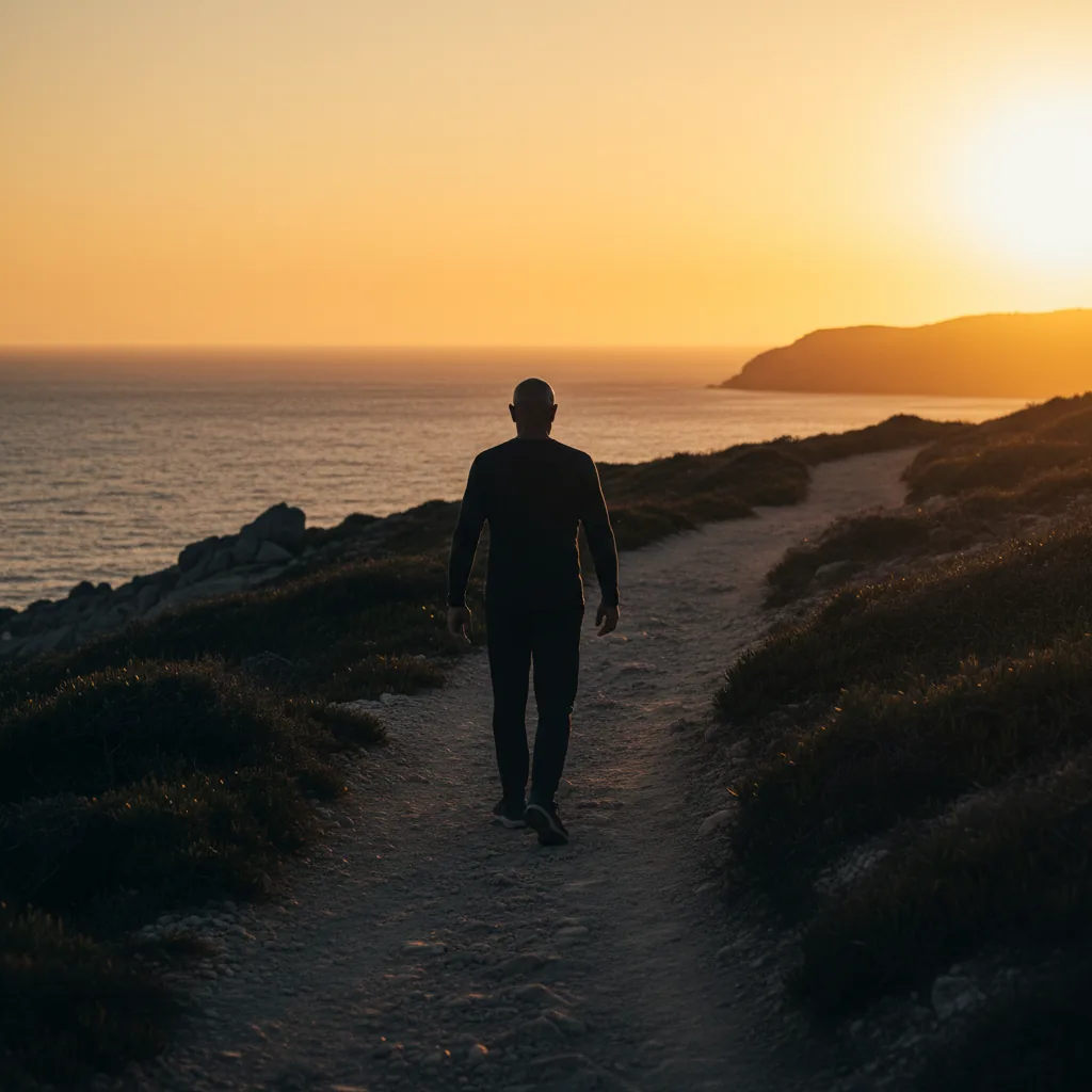 Silhouette of a mature man walking along a coastal path at golden hour, active lifestyle