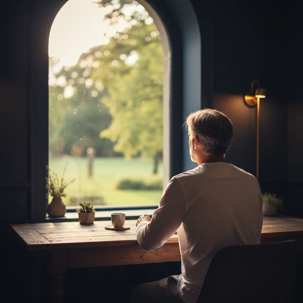Anonymous man seated at a desk by a window, looking out at a park, relaxed morning routine