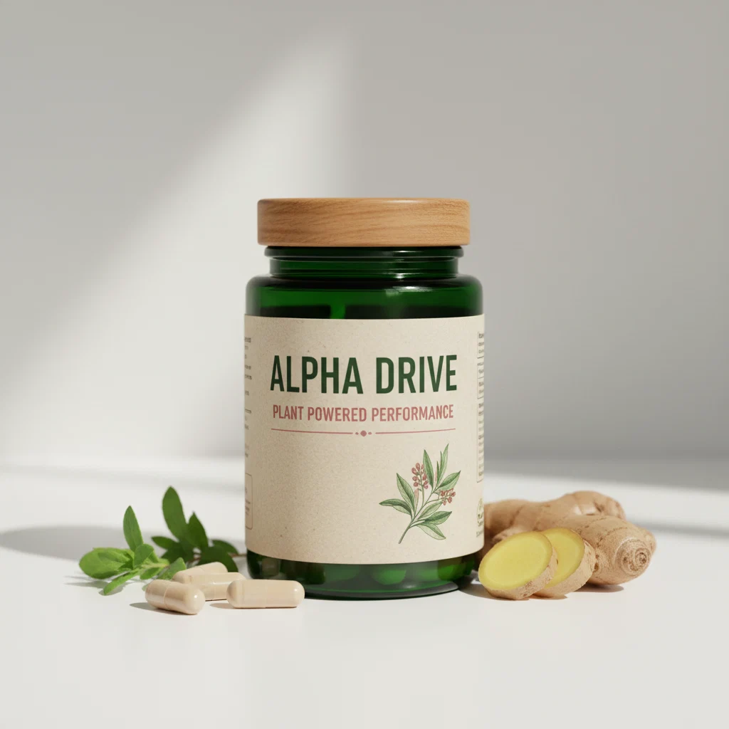 Alpha Drive dark navy supplement bottle with gold lettering, food supplement